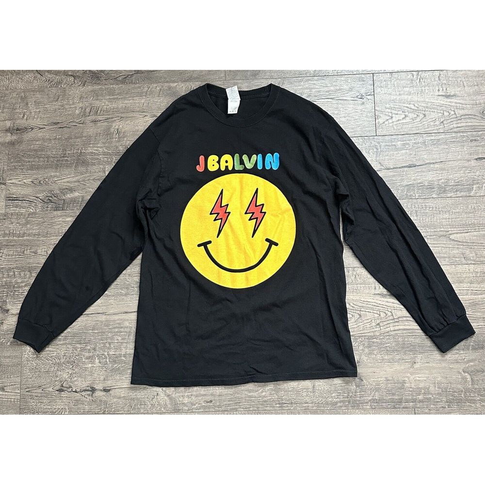J Balvin x H&M HM Arcoiris Tour Shirt Unisex Black Rainbow Happy Face Size M